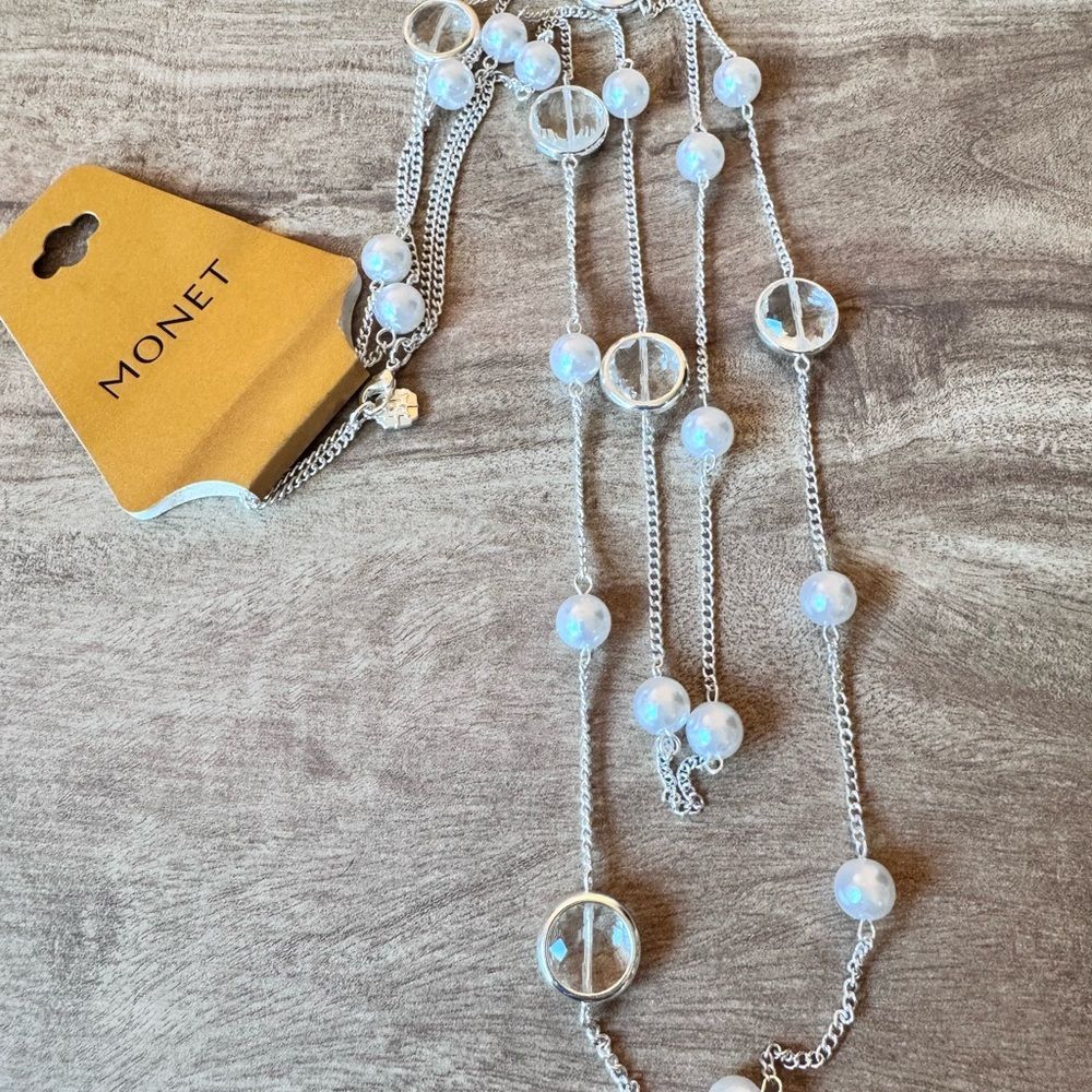 Monet New Silver Tone Chain Necklace Long Clear Faceted Beaded Costume Nwt — image 2 of 7